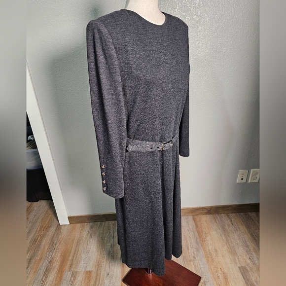 Henry Lee Elegant Gray Women's Long Sleeve Midi Dress 12P with belt - Picture 4 of 9
